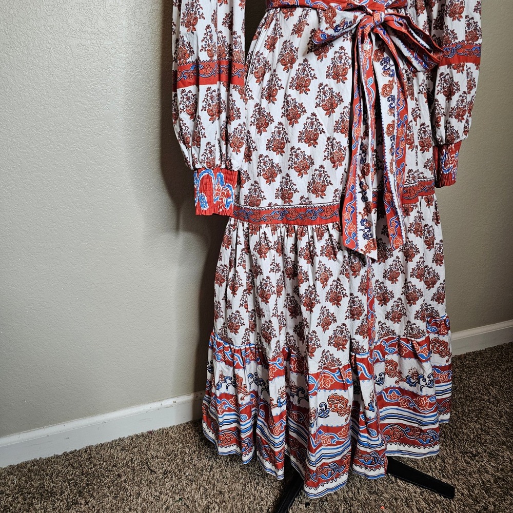 Love Wednesday Savanna BlockPrint Midi Dress Orange Ivory Blue Medium cotton - Picture 7 of 13